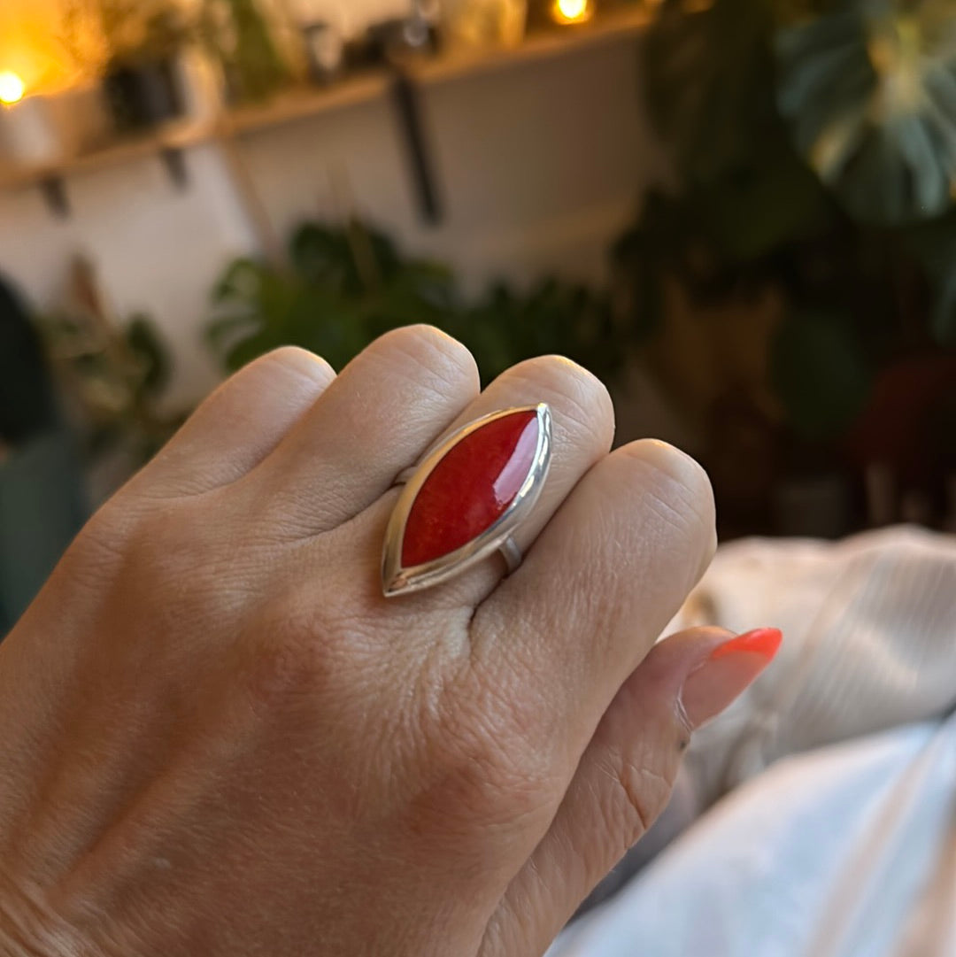 Silverhub_usa Natural Red Coral Gemstone 925 Sterling Silver Ring – Oval, Bezel Set, Nickel-Free – Statement Jewelry – All Sizes – CK-143 – Made In India