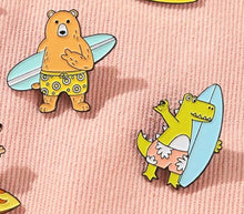Load image into Gallery viewer, Pins / Badge - Surfing Bear &amp; Crocodile
